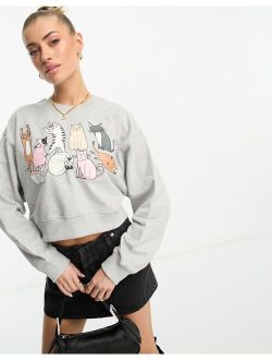 New Love Club cropped sweatshirt with cat print in gray melange