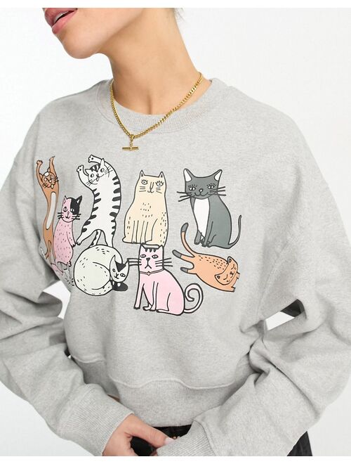 New Love Club cropped sweatshirt with cat print in gray melange