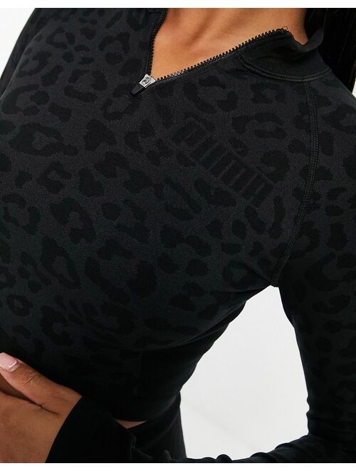 Puma Training Formknit seamless 1/4 zip top in black leopard print