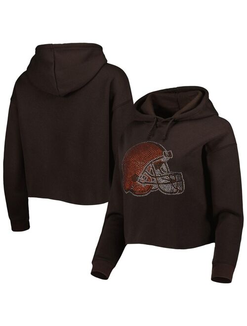 Women's Cuce Brown Cleveland Browns Crystal Logo Cropped Pullover Hoodie