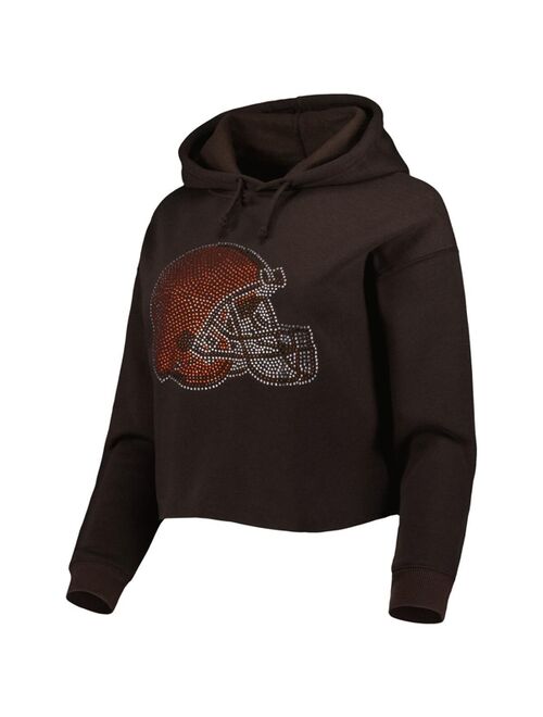 Women's Cuce Brown Cleveland Browns Crystal Logo Cropped Pullover Hoodie