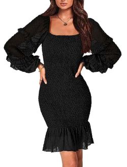 Womens 2023 Fall Smocked Bodycon Mini Dress Long Sleeve Square Neck Swiss Dot Ruffle Mermaid Elegant Dresses