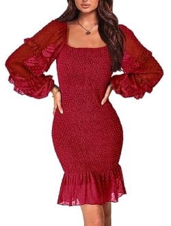 Womens 2023 Fall Smocked Bodycon Mini Dress Long Sleeve Square Neck Swiss Dot Ruffle Mermaid Elegant Dresses