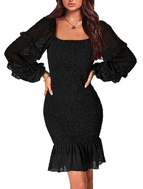 PRETTYGARDEN Womens 2023 Fall Smocked Bodycon Mini Dress Long Sleeve Square Neck Swiss Dot Ruffle Mermaid Elegant Dresses
