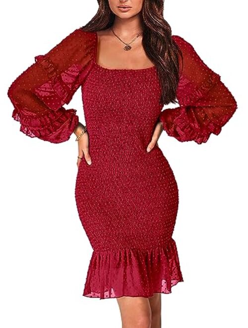 PRETTYGARDEN Womens 2023 Fall Smocked Bodycon Mini Dress Long Sleeve Square Neck Swiss Dot Ruffle Mermaid Elegant Dresses