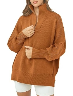 Women's 2023 Fall Pullover Oversized Sweaters Casual Long Sleeve Zip Up Collared Winter Tops Blouse