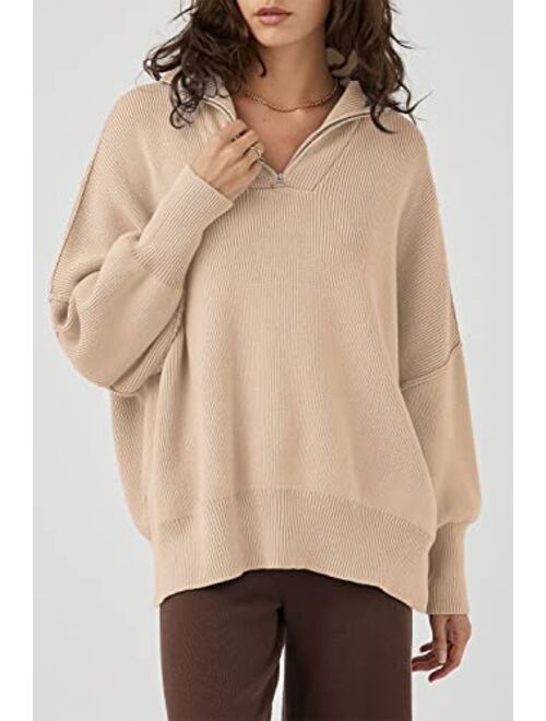 PRETTYGARDEN Women's 2023 Fall Pullover Oversized Sweaters Casual Long Sleeve Zip Up Collared Winter Tops Blouse