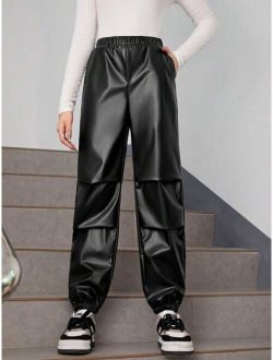Teen Girl Elastic Waist PU Leather Pants