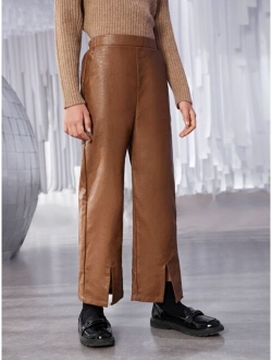 Girls Split Hem PU Leather Pants