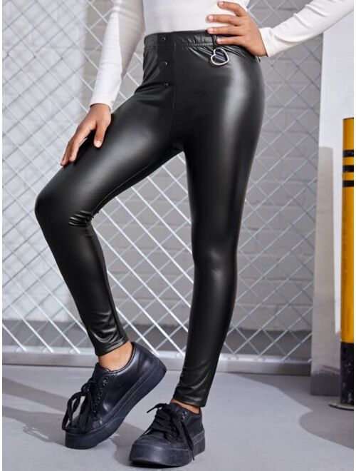 SHEIN Kids Cooltwn Girls Button Front Heart Ring Detail PU Leather Skinny Pants