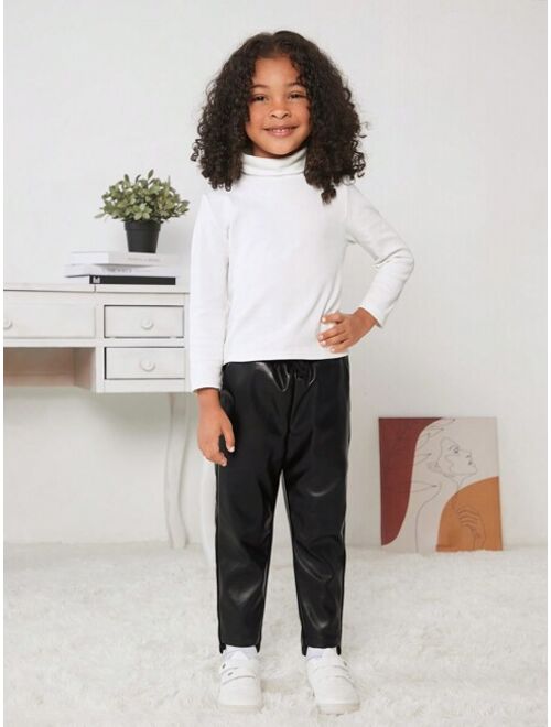 SHEIN Kids Cooltwn Young Girl Elastic Waist PU Leather Pants
