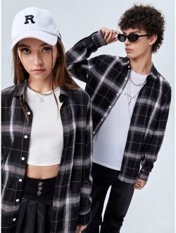 Shein Manfinity Unisex 1pc Cotton Plaid Print Button Front Shirt