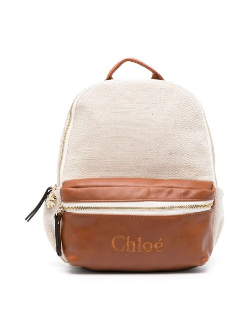 Chloe Kids logo-embroidered jute backpack