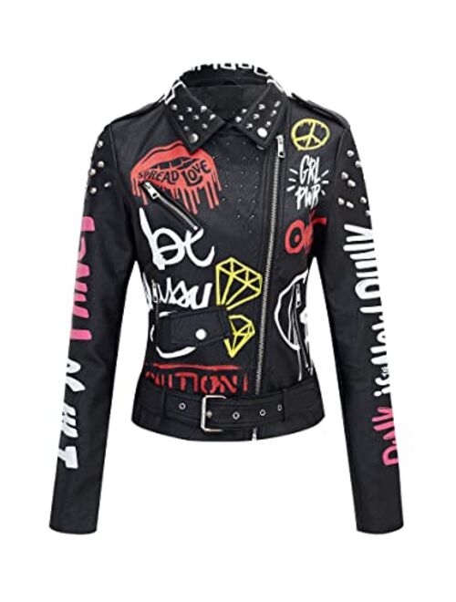 Bellivera Faux Leather Jacket for Women Studded Rivet Floral Moto Biker Short Lapel Coat