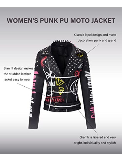Bellivera Faux Leather Jacket for Women Studded Rivet Floral Moto Biker Short Lapel Coat