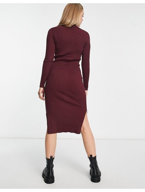New Look knit ribbed dress in burgundy