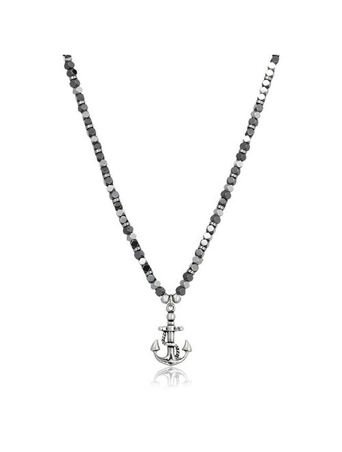 Men's LYNX Black Ion-Plated Stainless Steel & Hematite Bead Chain Anchor Pendant Necklace