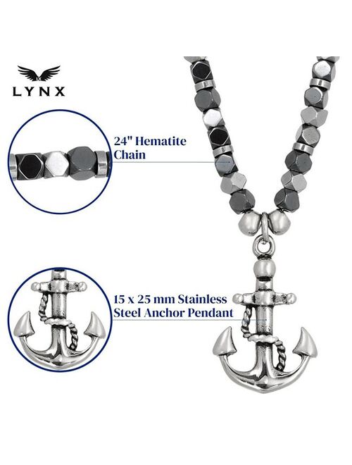 Men's LYNX Black Ion-Plated Stainless Steel & Hematite Bead Chain Anchor Pendant Necklace