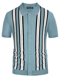 Mens Polo Shirts Vintage Striped Button Down Knitted Golf Shirts