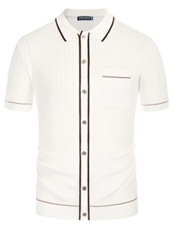 Men's Short Sleeve Knit Polo Shirt Vintage Button Down Golf Polo
