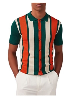 Kallspin Men's Vintage Knit Polo Shirt Short Sleeve Striped Button Down Knitting Golf Shirts