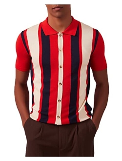 Kallspin Men's Vintage Knit Polo Shirt Short Sleeve Striped Button Down Knitting Golf Shirts