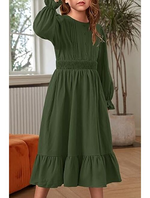 HOSIKA Girls Fall Long Sleeve Crew Neck Casual A-Line Ruffle Tiered Flowy Dress with Pockets for 6-12 Years