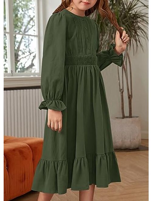 HOSIKA Girls Fall Long Sleeve Crew Neck Casual A-Line Ruffle Tiered Flowy Dress with Pockets for 6-12 Years