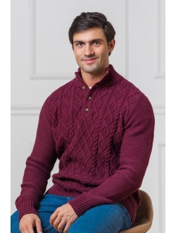 Men's Mock Neck Cable Button Sweater with Flecks