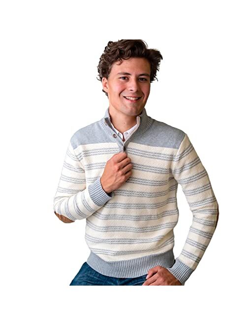 HOPE & HENRY Men's Mock Neck Cable Button Sweater with Flecks