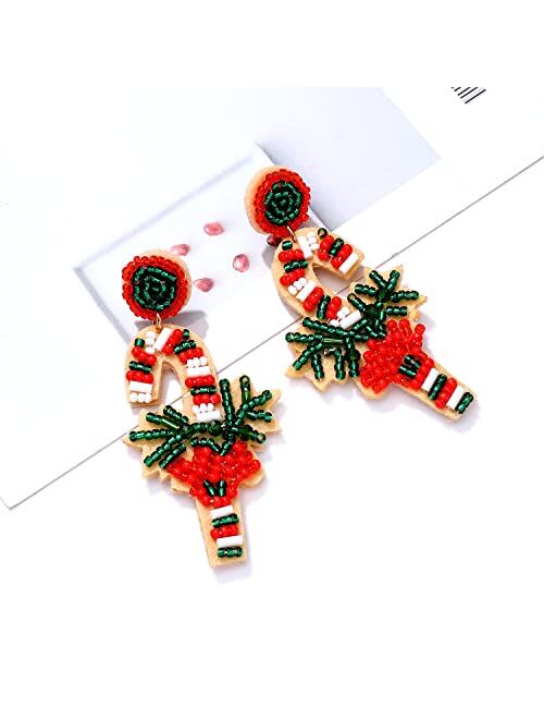 Urwomin Christmas Beaded Earrings Handmade Candy Cane Snowman Gingerbread Man Drop Dangle Earrings Festive Holiday Beaded Earrings Jewelry for Women Girl Gift Multicolor