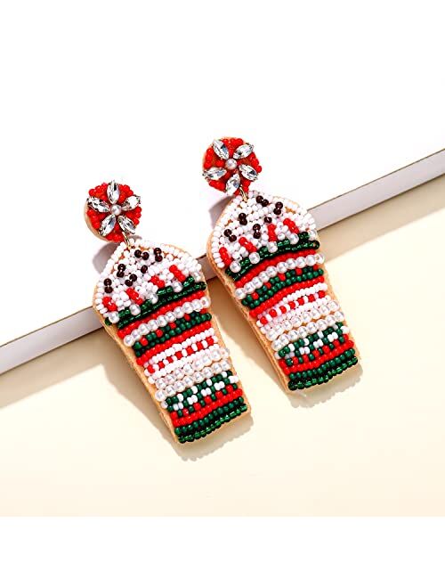 Heidkrueger Beaded Christmas Dangle Earrings for Women Girls Snowman Holiday Drink Peppermint Tea Dangling Earring Handmade Festive Jewelry Gift