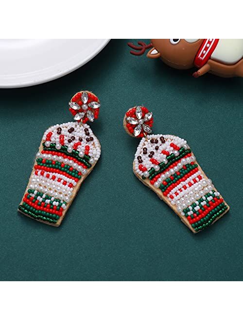Heidkrueger Beaded Christmas Dangle Earrings for Women Girls Snowman Holiday Drink Peppermint Tea Dangling Earring Handmade Festive Jewelry Gift