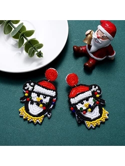 Bvga Christmas Beaded Earrings for Women Holiday Penguins Ugly Sweater Snowman Xmas Jingle Bell Beaded Dangle Earrings Statement Earrings Christmas Party Gifts