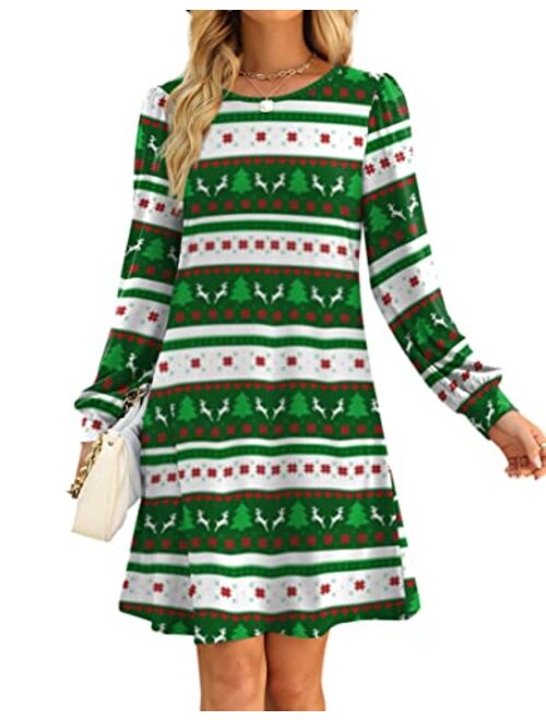 Aloodor Fall Dress for Women 2022 Long Puff Sleeve Crewneck Casual Dresses