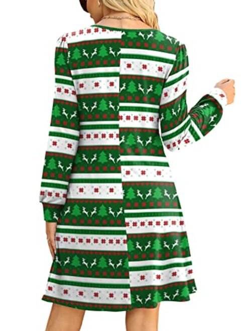 Aloodor Fall Dress for Women 2022 Long Puff Sleeve Crewneck Casual Dresses