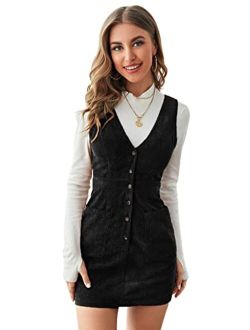 Women's V Neck Sleeveless Pocket Corduroy Button Pinafore Overall Mini Dress