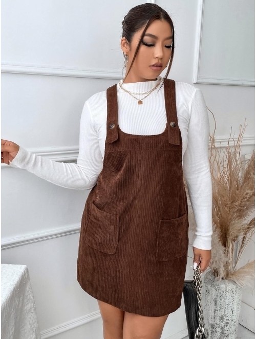 MakeMeChic Women's Plus Size Corduroy Overall Dress Straps Pinafore Short Dress with Pockets