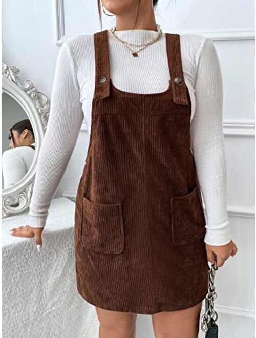 MakeMeChic Women's Plus Size Corduroy Overall Dress Straps Pinafore Short Dress with Pockets