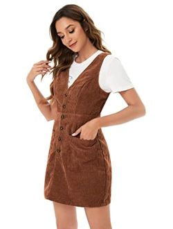 Women's V Neck Sleeveless Corduroy Button Pinafore Overall Mini Dress