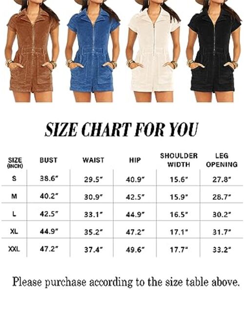 Jeanewpole1 Women's Summer Corduroy Rompers Short Sleeve Zip Up Cute Short Jumpsuits with Pockets