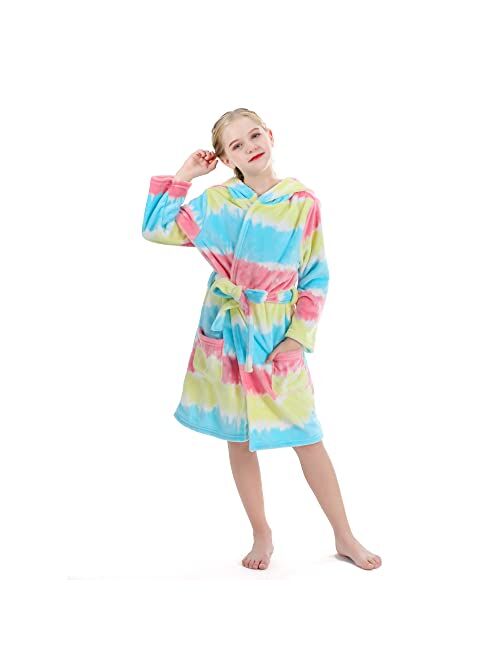 V.&GRIN Girls Fleece Robe, Hooded Toddler Soft Fuzzy Bathrobe for Kids 3-14 Years