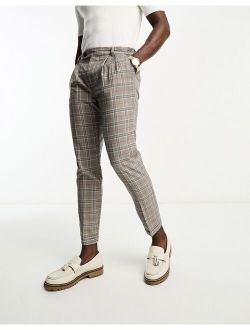 pleat front smart tapered pants in brown plaid