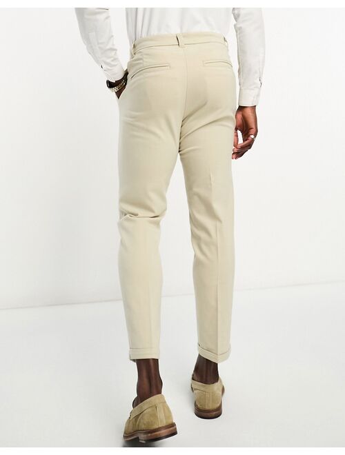 New Look slim fit pleated pants in oatmeal