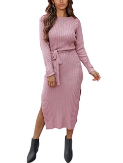 Women's Long Sleeve Crewneck Two Side Slit Tie Waist Slim Fit Sweater Dress Ribbed Knit Bodycon Midi Dress