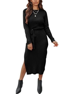 Women's Long Sleeve Crewneck Two Side Slit Tie Waist Slim Fit Sweater Dress Ribbed Knit Bodycon Midi Dress