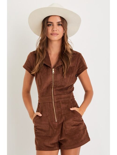 Lulus Autumn Essence Brown Corduroy Short Sleeve Romper