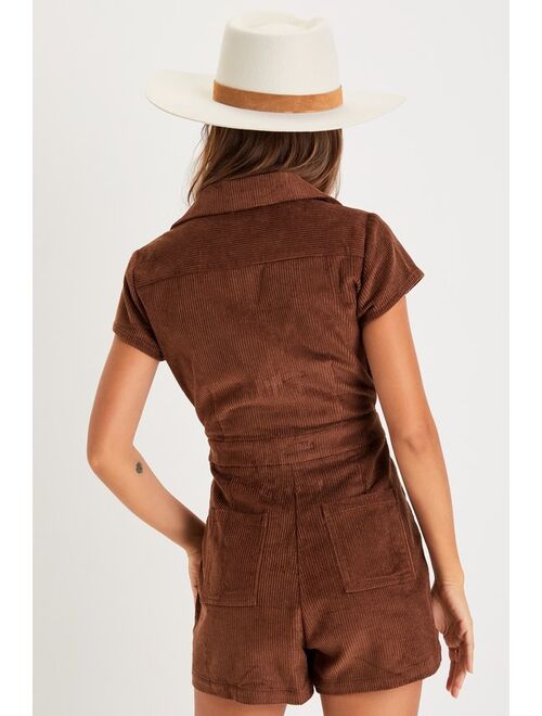 Lulus Autumn Essence Brown Corduroy Short Sleeve Romper