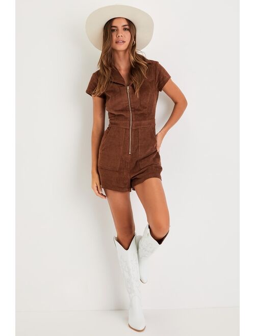 Lulus Autumn Essence Brown Corduroy Short Sleeve Romper