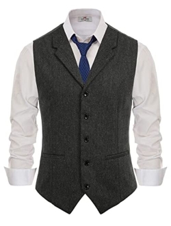 Men's Herringbone Tweed Suit Vest Casual Wool Blend Waistcoat